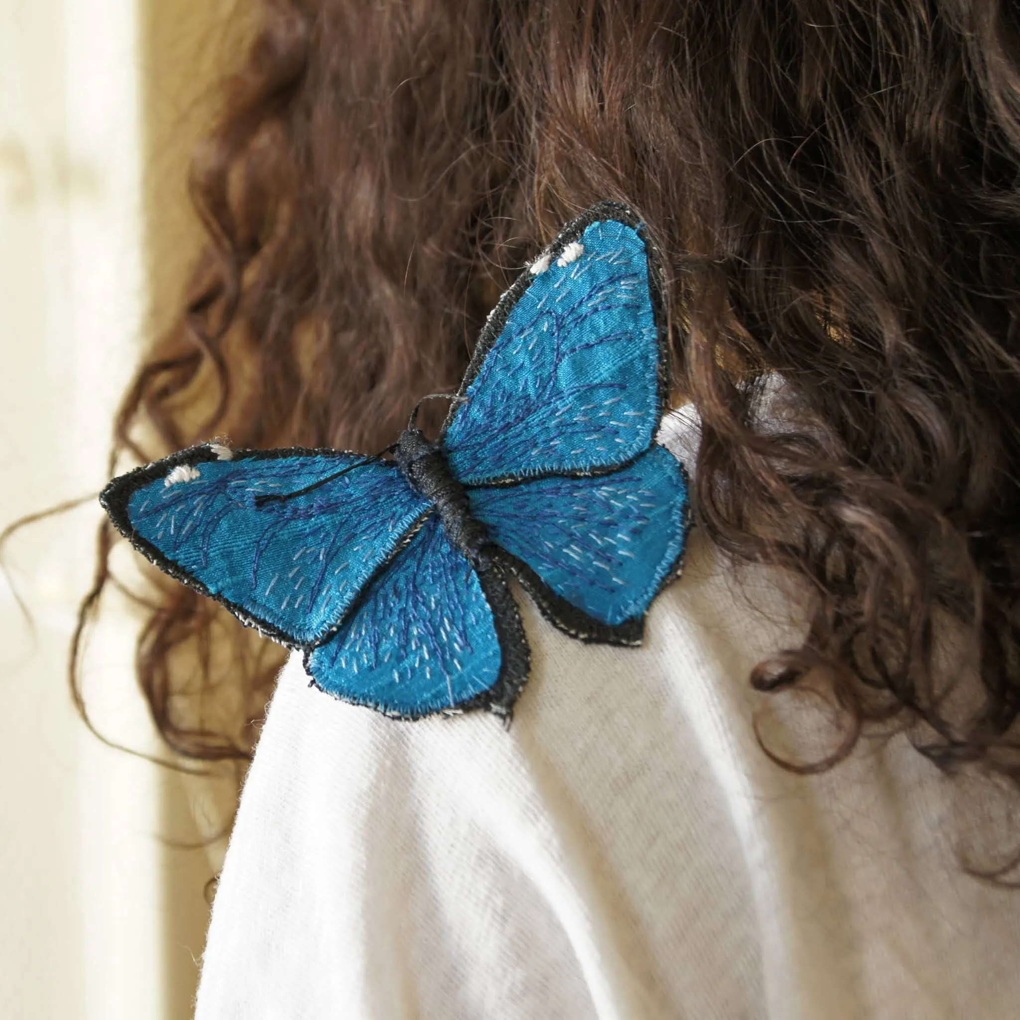 Adonis morpho fiber art brooch