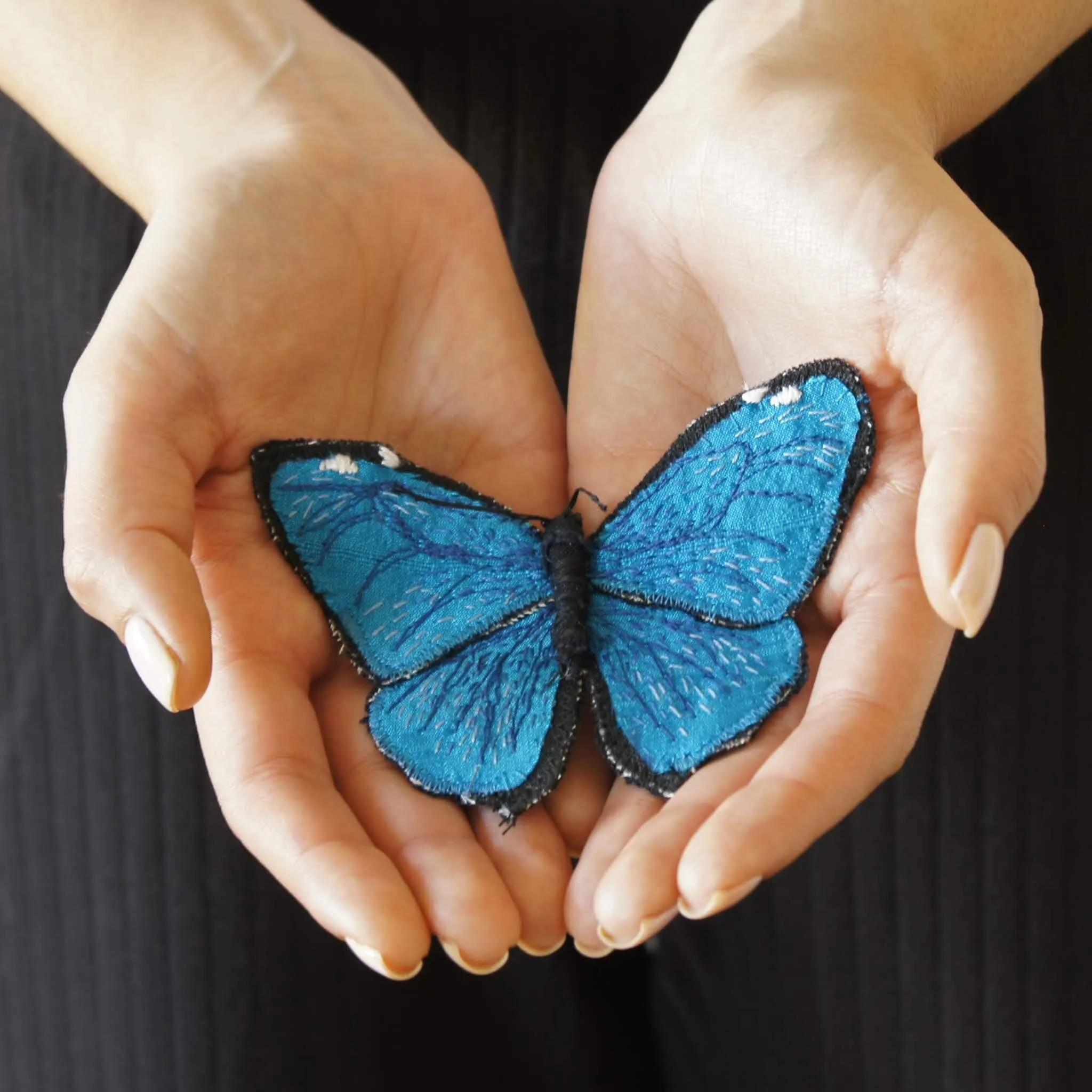 Adonis morpho fiber art brooch