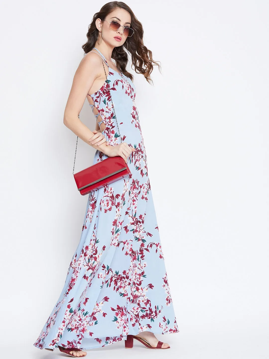 Berrylush Women Blue & Maroon Floral Print Caged Back Tie-up Maxi Dress