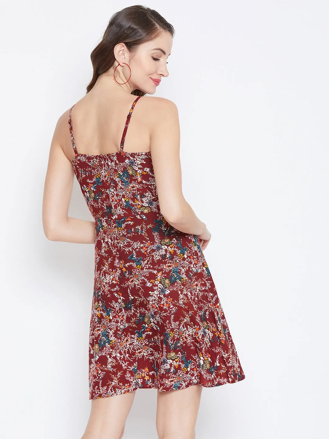 Berrylush Women Maroon & White Floral Printed Square Neck Fit & Flare Mini Dress