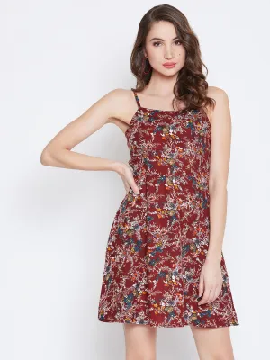 Berrylush Women Maroon & White Floral Printed Square Neck Fit & Flare Mini Dress