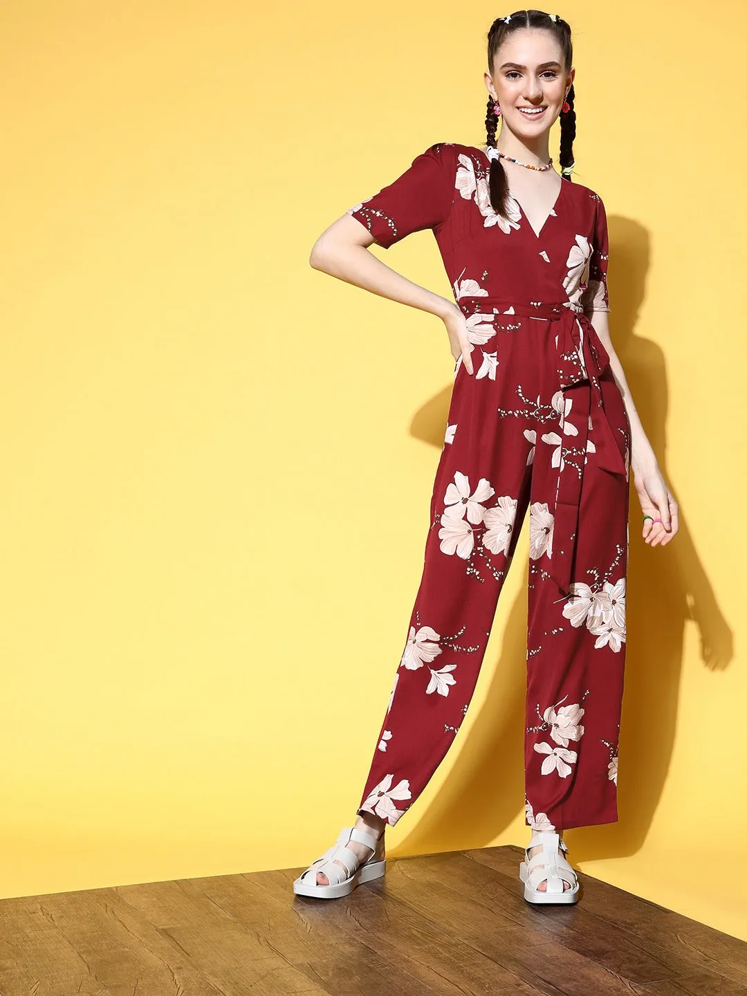 Berrylush Women Maroon & White Floral Printed V-Neck Waist Tie-Up Polyester Basic Jumpsuit