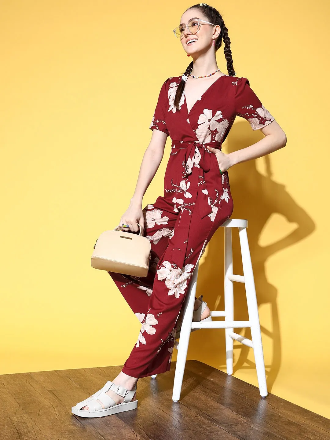 Berrylush Women Maroon & White Floral Printed V-Neck Waist Tie-Up Polyester Basic Jumpsuit