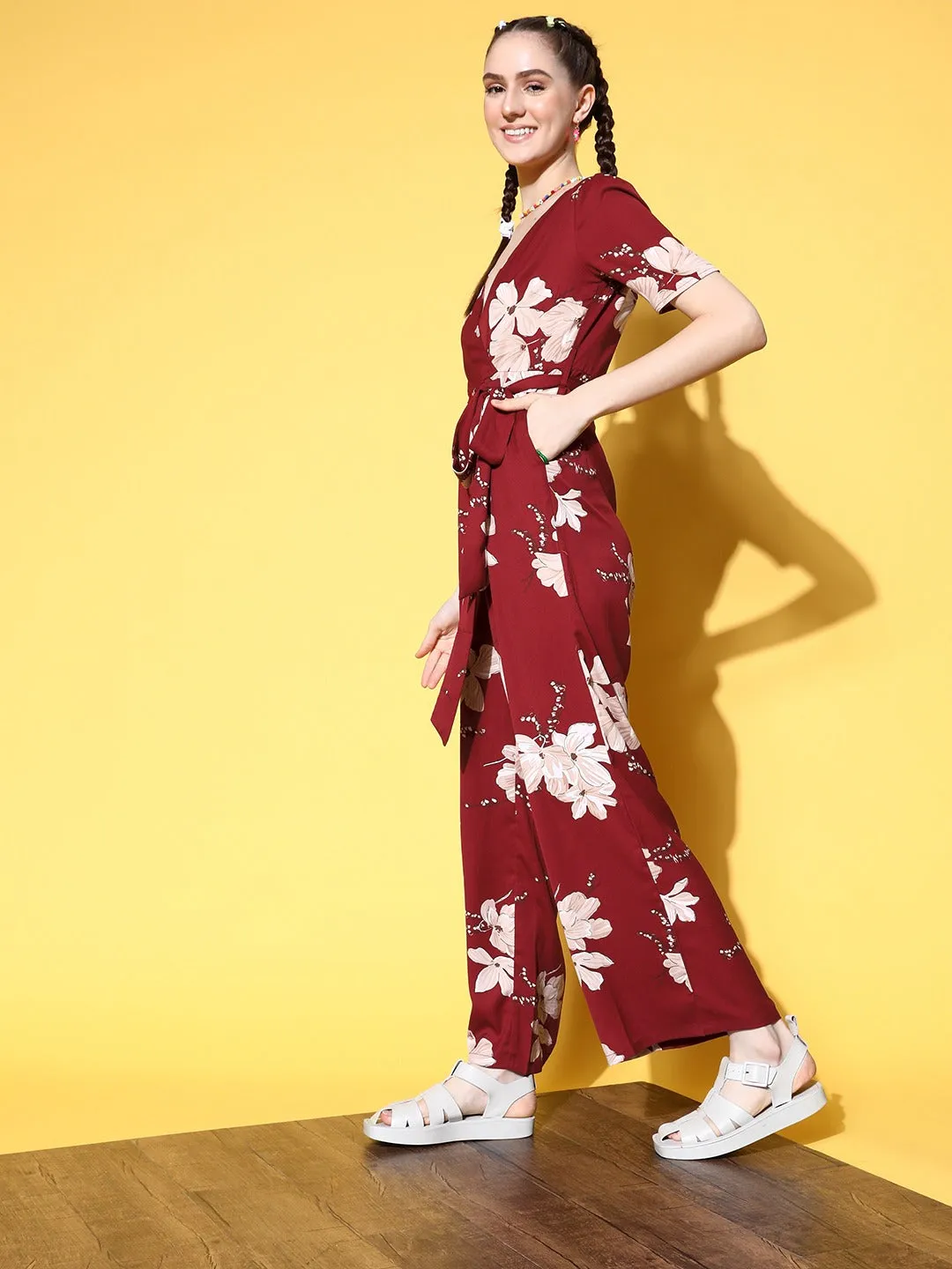 Berrylush Women Maroon & White Floral Printed V-Neck Waist Tie-Up Polyester Basic Jumpsuit