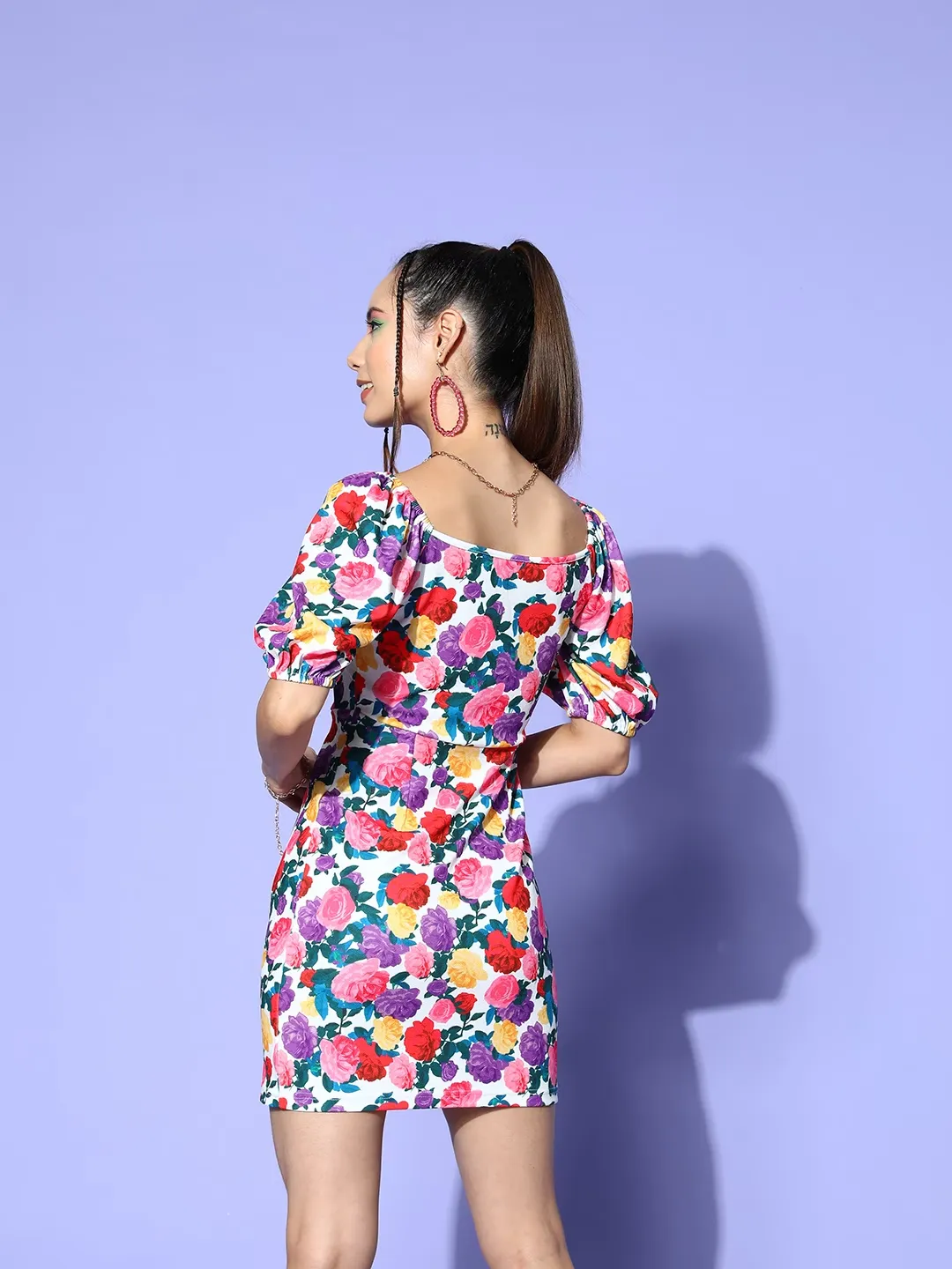 Berrylush Women Multicolour Floral Printed V-Neck Puff Sleeves Straight Hem Bodycon Mini Dress