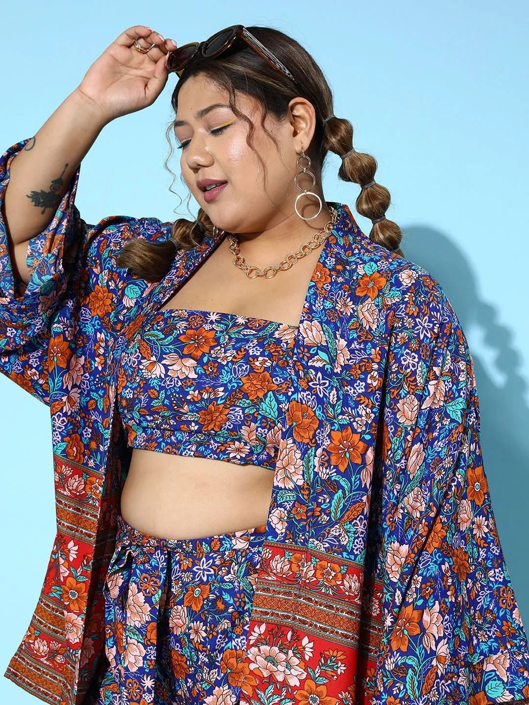 Berrylush Women Plus Size Navy Blue & Orange Floral Printed Square Neck Crop Top & Tie-Up Front Shorts Set With Kimono