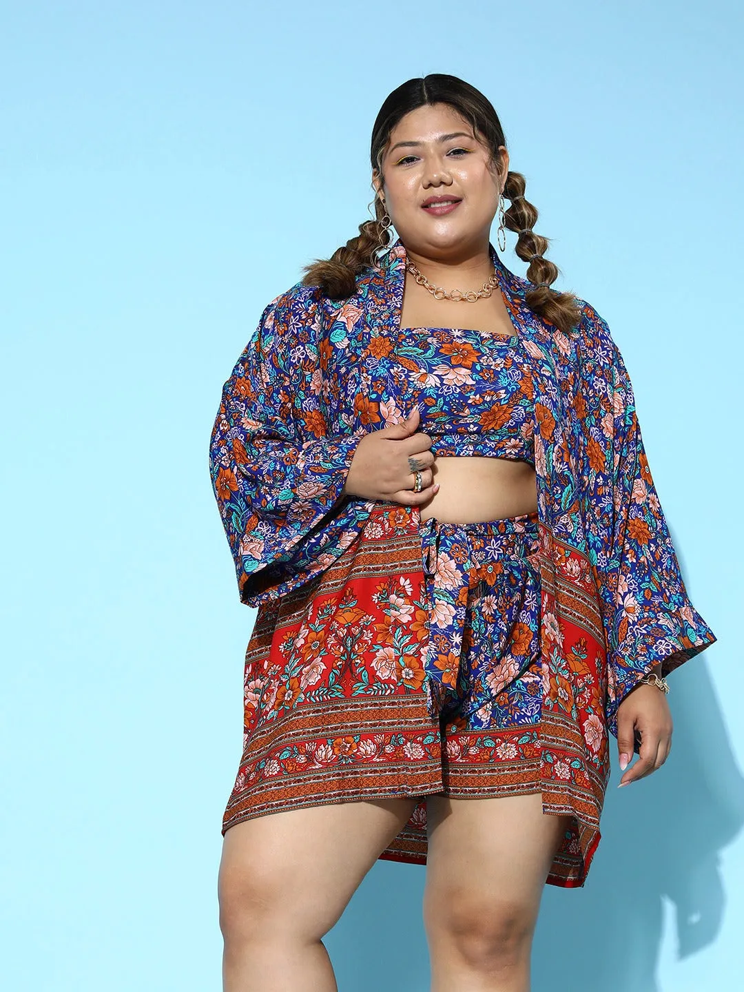 Berrylush Women Plus Size Navy Blue & Orange Floral Printed Square Neck Crop Top & Tie-Up Front Shorts Set With Kimono