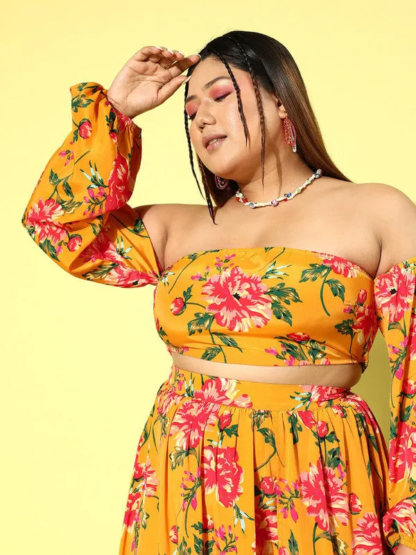 Berrylush Women Plus Size Yellow & Red Floral Printed Off-Shoulder Neck Crop Top & Slited Maxi Skirt Co-Ord Set