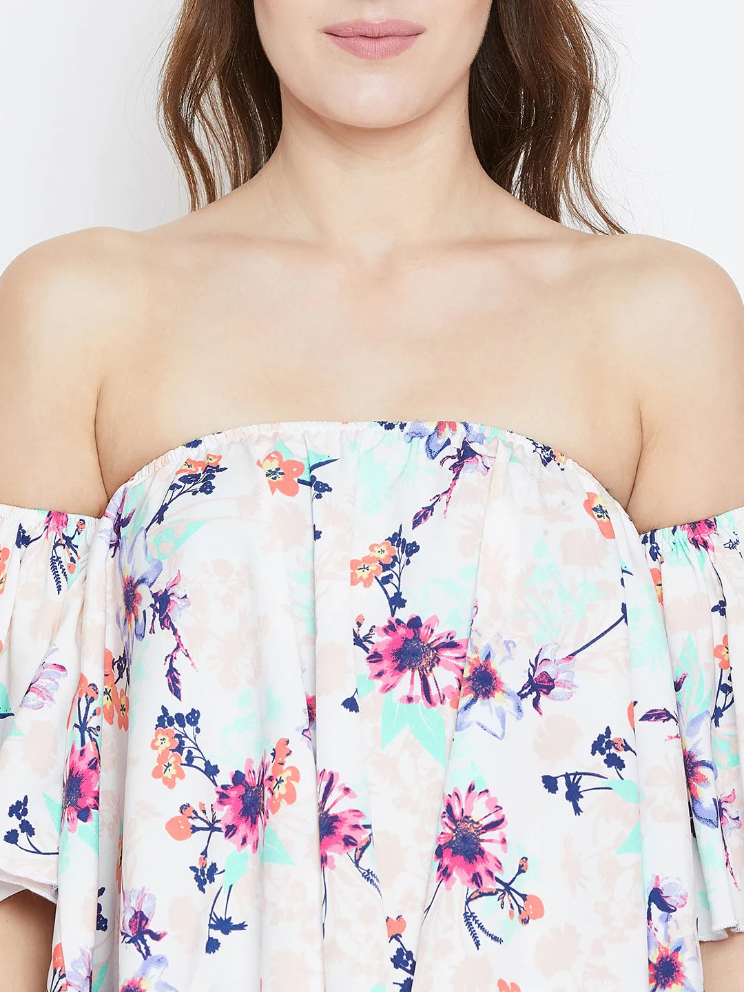 Berrylush Women White & Multicolour Floral Printed Off-Shoulder Neck Ruffled Crop Bardot Top