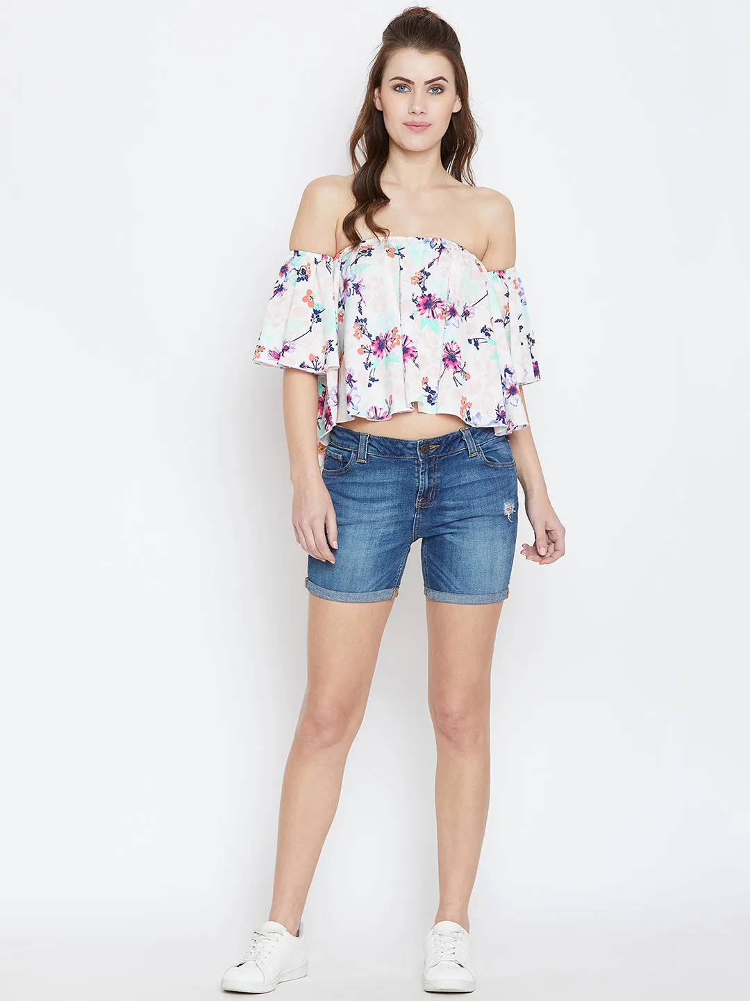 Berrylush Women White & Multicolour Floral Printed Off-Shoulder Neck Ruffled Crop Bardot Top