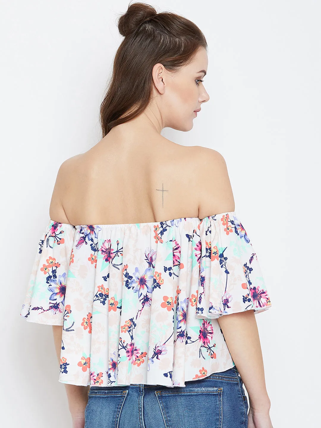 Berrylush Women White & Multicolour Floral Printed Off-Shoulder Neck Ruffled Crop Bardot Top