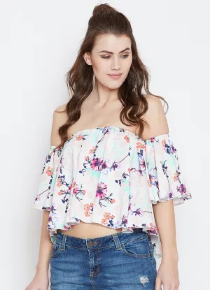 Berrylush Women White & Multicolour Floral Printed Off-Shoulder Neck Ruffled Crop Bardot Top