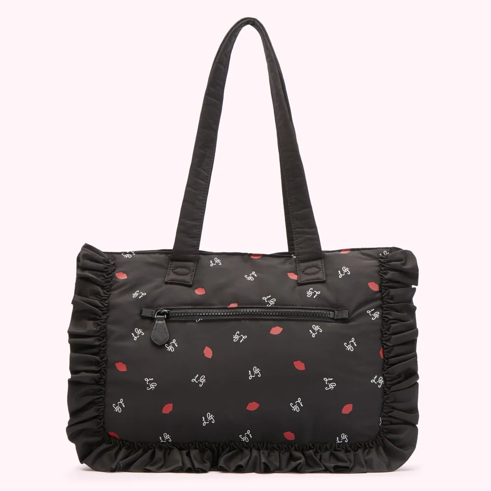 BLACK LG PRINT RUFFLES MIA TOTE BAG WITH POUCH