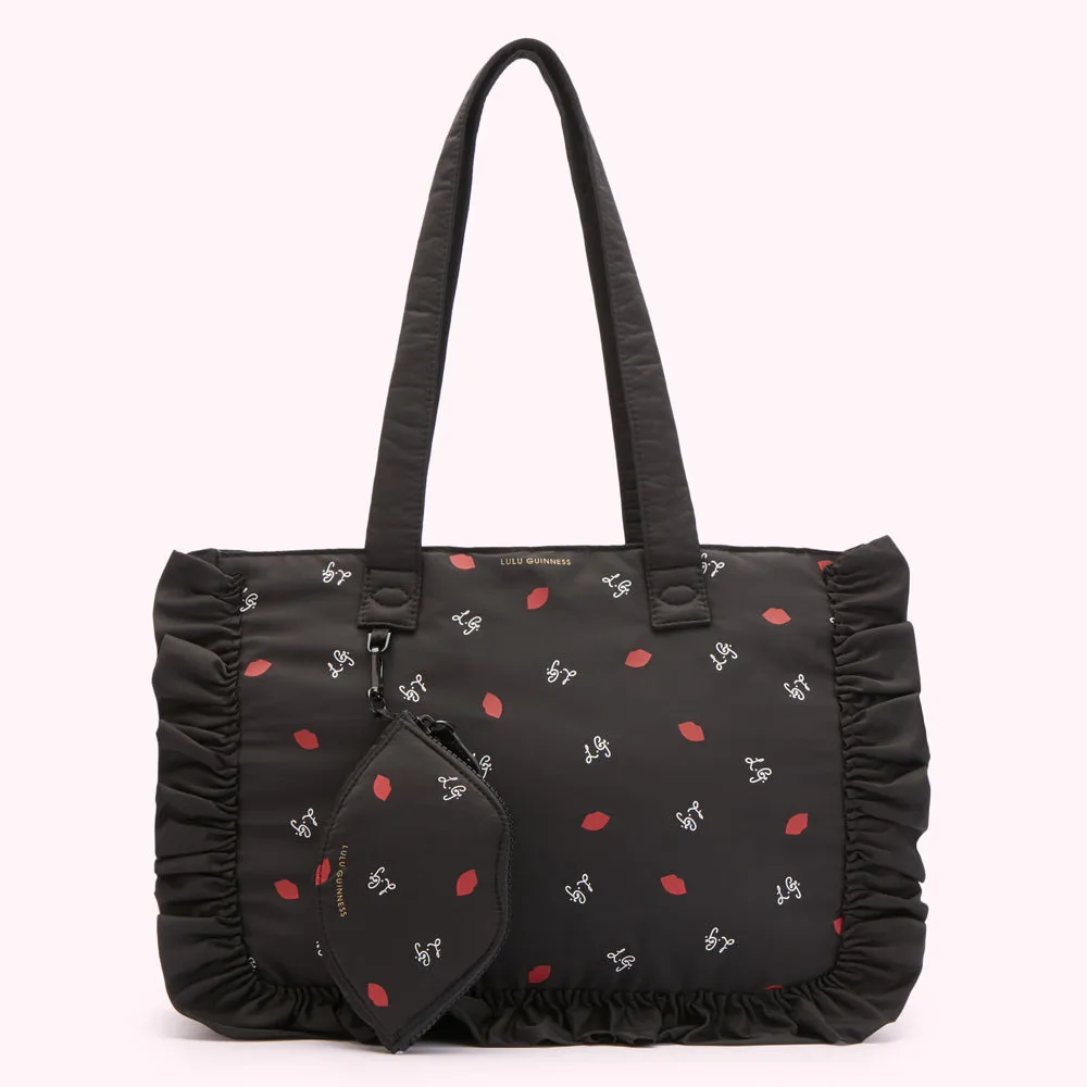 BLACK LG PRINT RUFFLES MIA TOTE BAG WITH POUCH