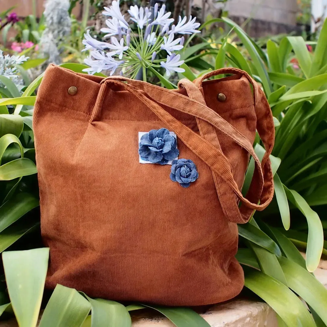 Brown Maile Denim Floral Corduroy Tote Bag