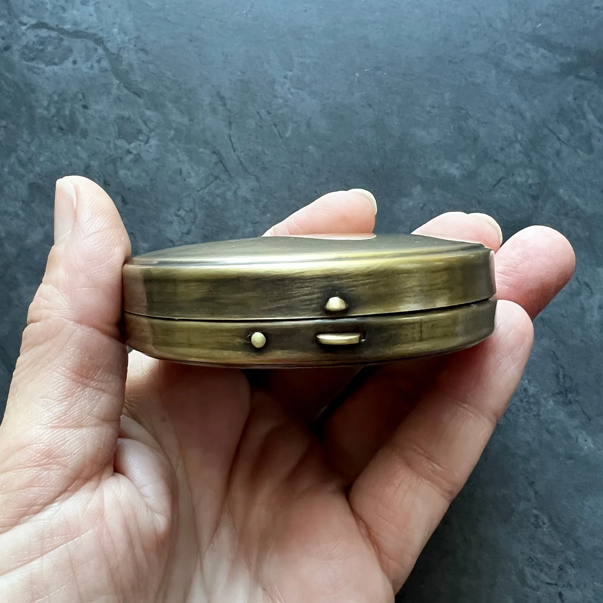 Customizable Round Brass Pill or Trinket Box with Your Choice of Engraving and/or Animal on Lid — Perfect Pillbox for Purse or Tote!