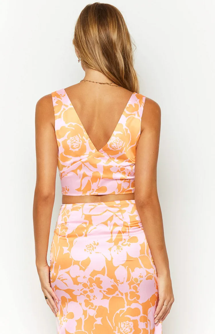 Dahlia Orange And Pink Floral Print Crop Top