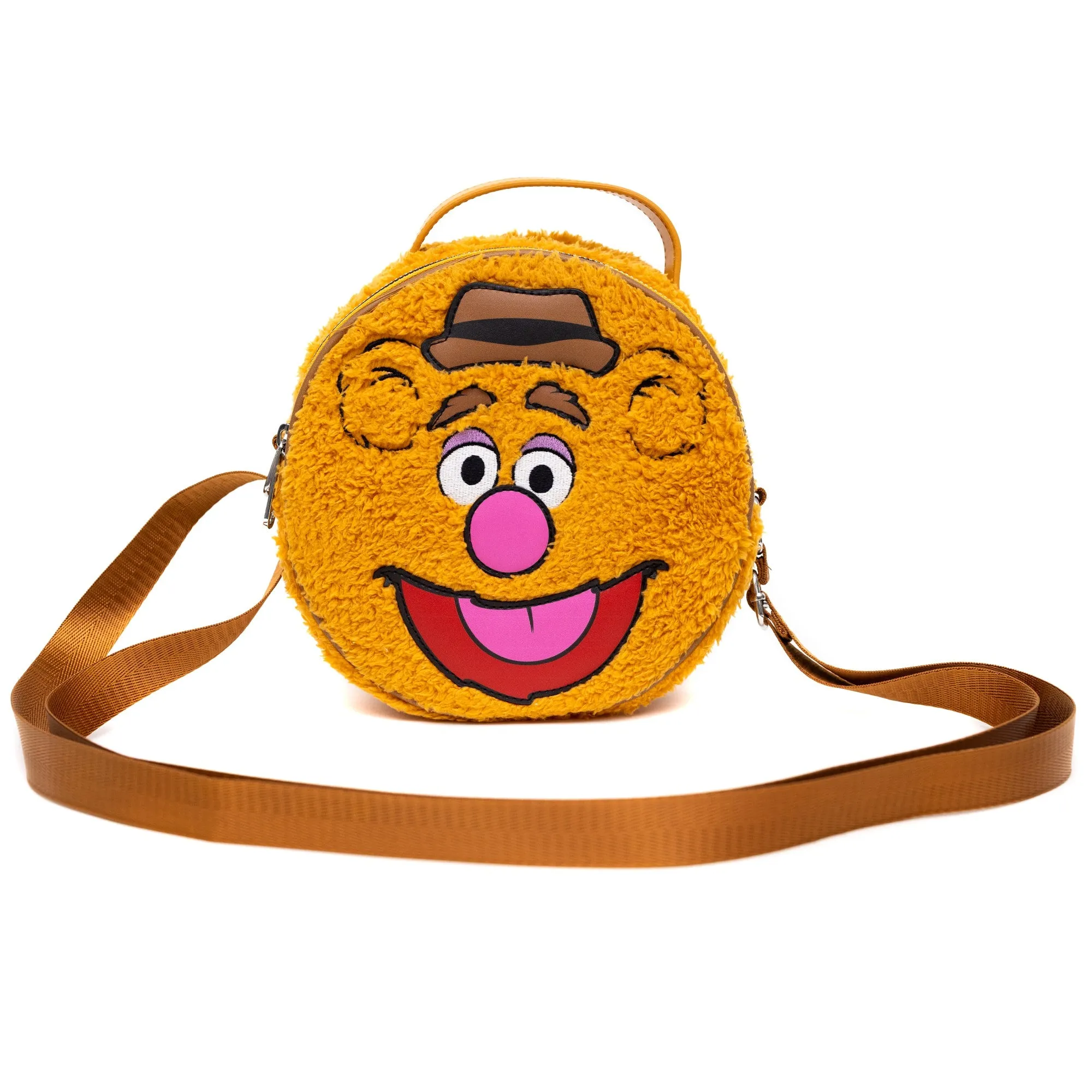 Disney Bag, Cross Body, Round, The Muppets Fozzie Bear Face Character Close Up Faux Fur, Brown, Vegan Leather by Buckle-Down