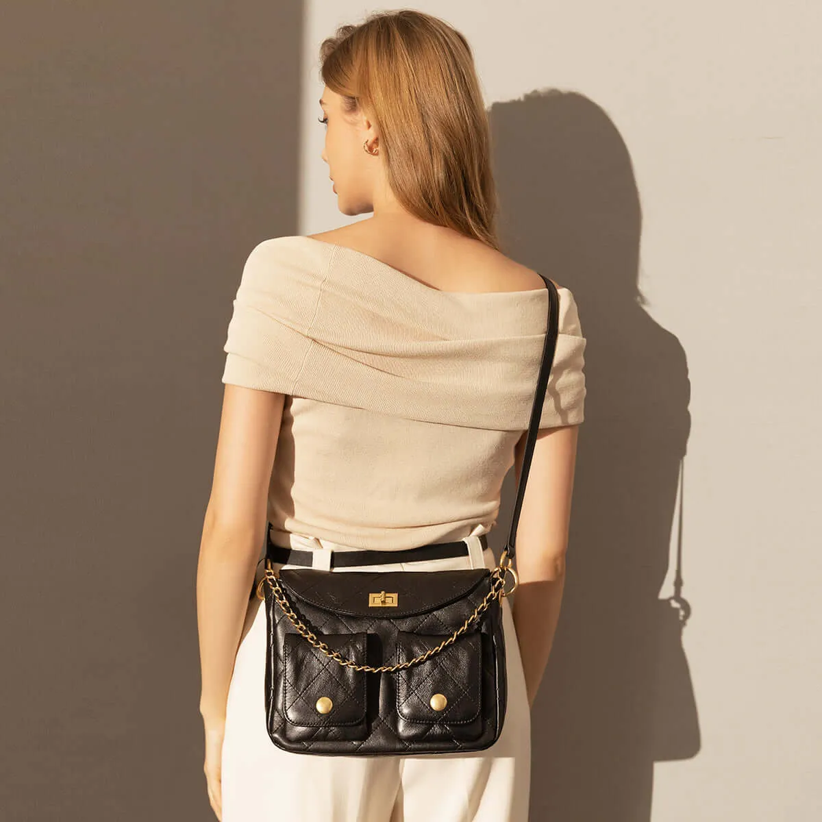 Double Top Handle Leather Bag with Detachable Shoulder Straps