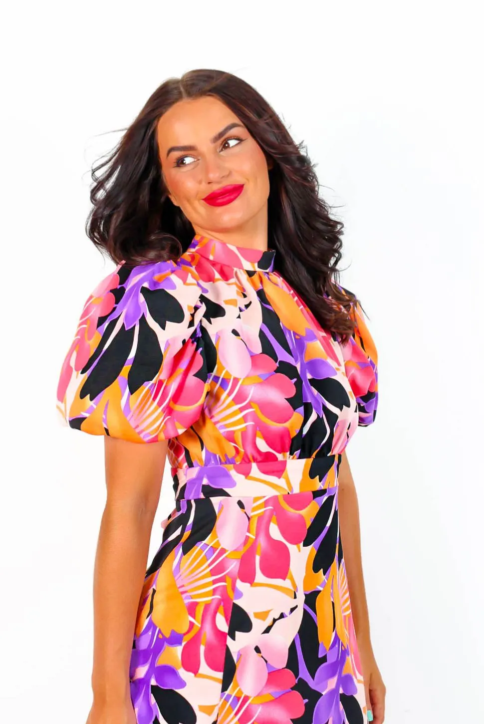 Got The Flower - Black Pink Floral Print Midi Dress