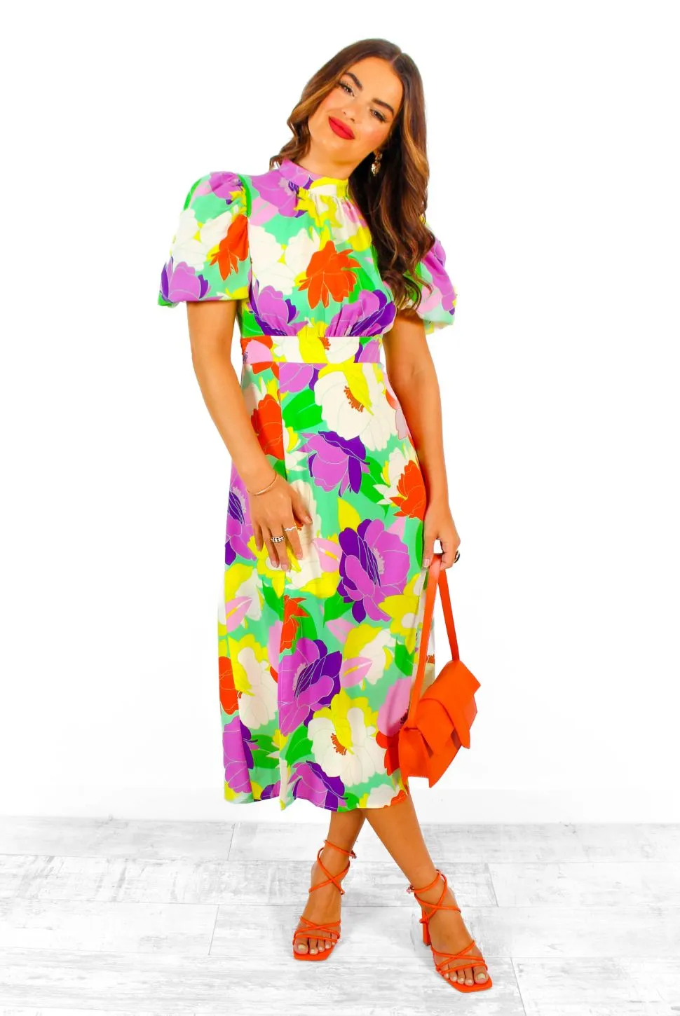 Got The Flower - Green Purple Multi Floral Print Midi Dress