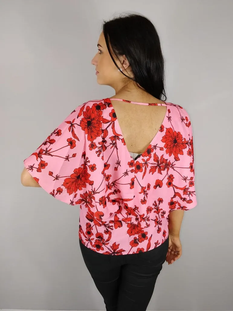 Grace Pink Floral Cape Sleeve Blouse