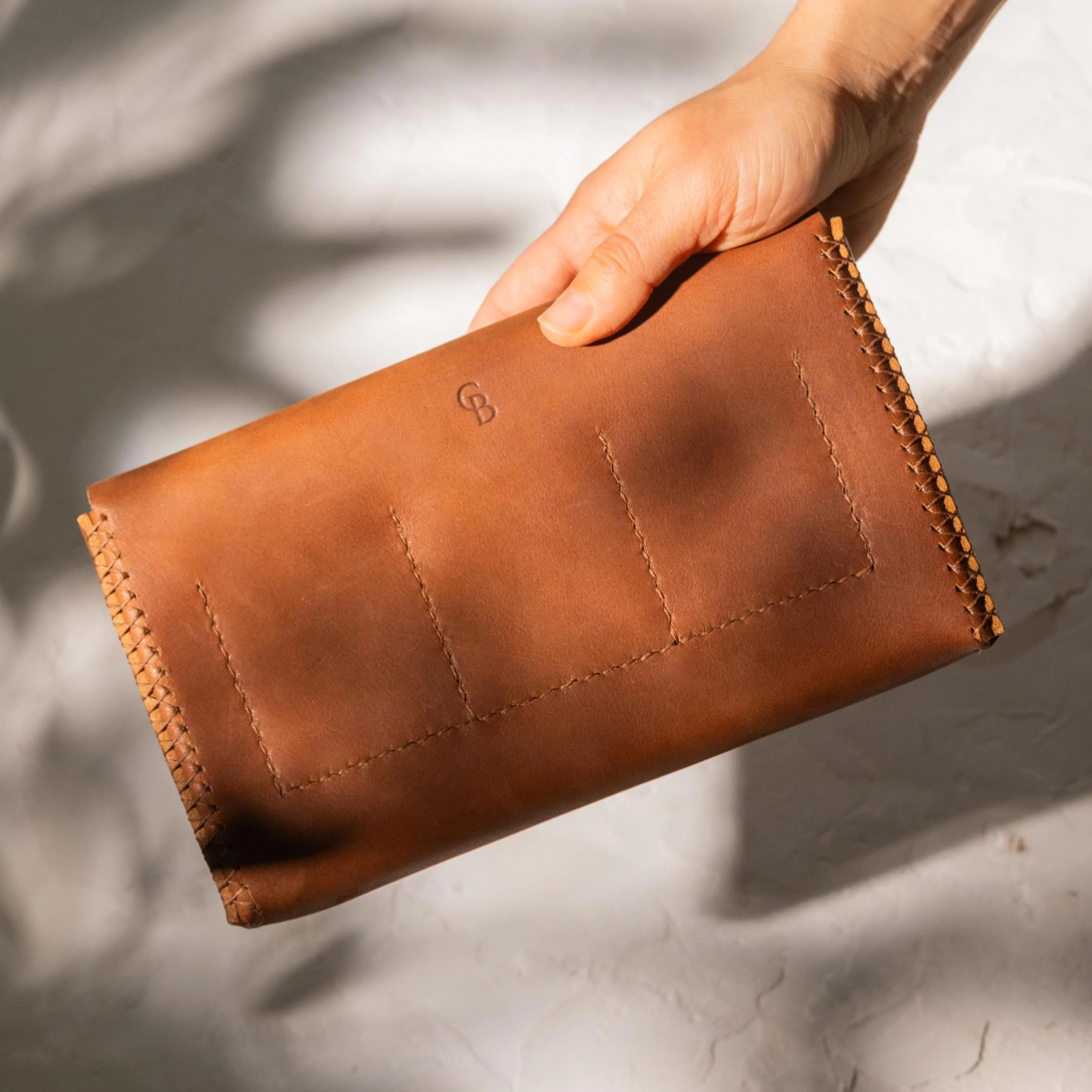 Hand Stitched Clutch in Caramel Veg-Tan