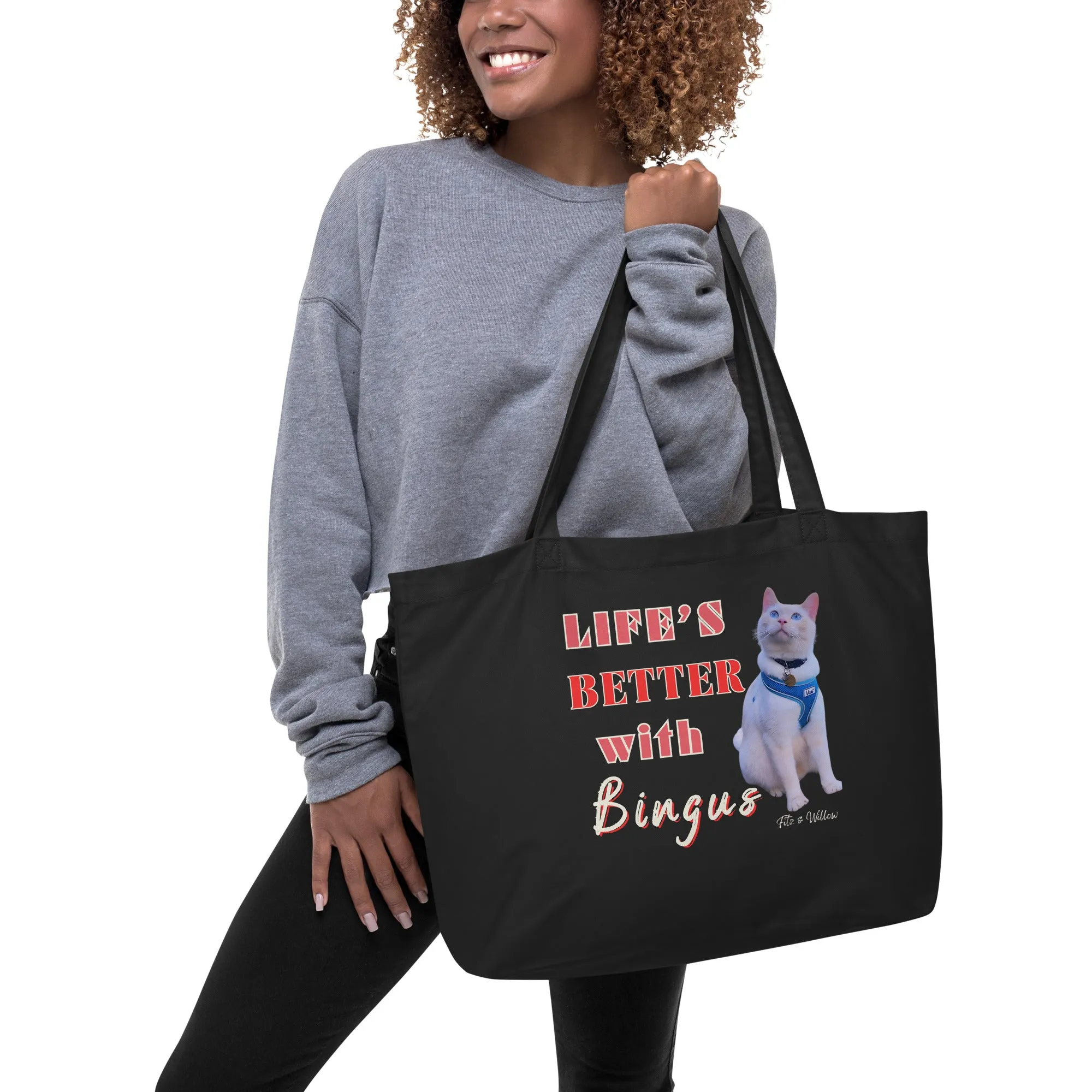 Life is better with Bingus the Siamese cat, Large organic tote bag