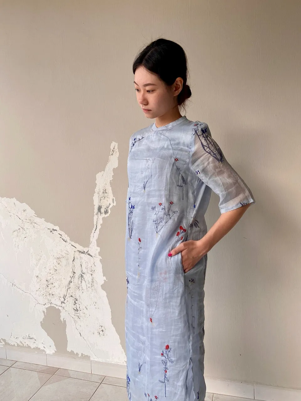 Light Blue Floral Embroidered Cheongsam Qipao Dress