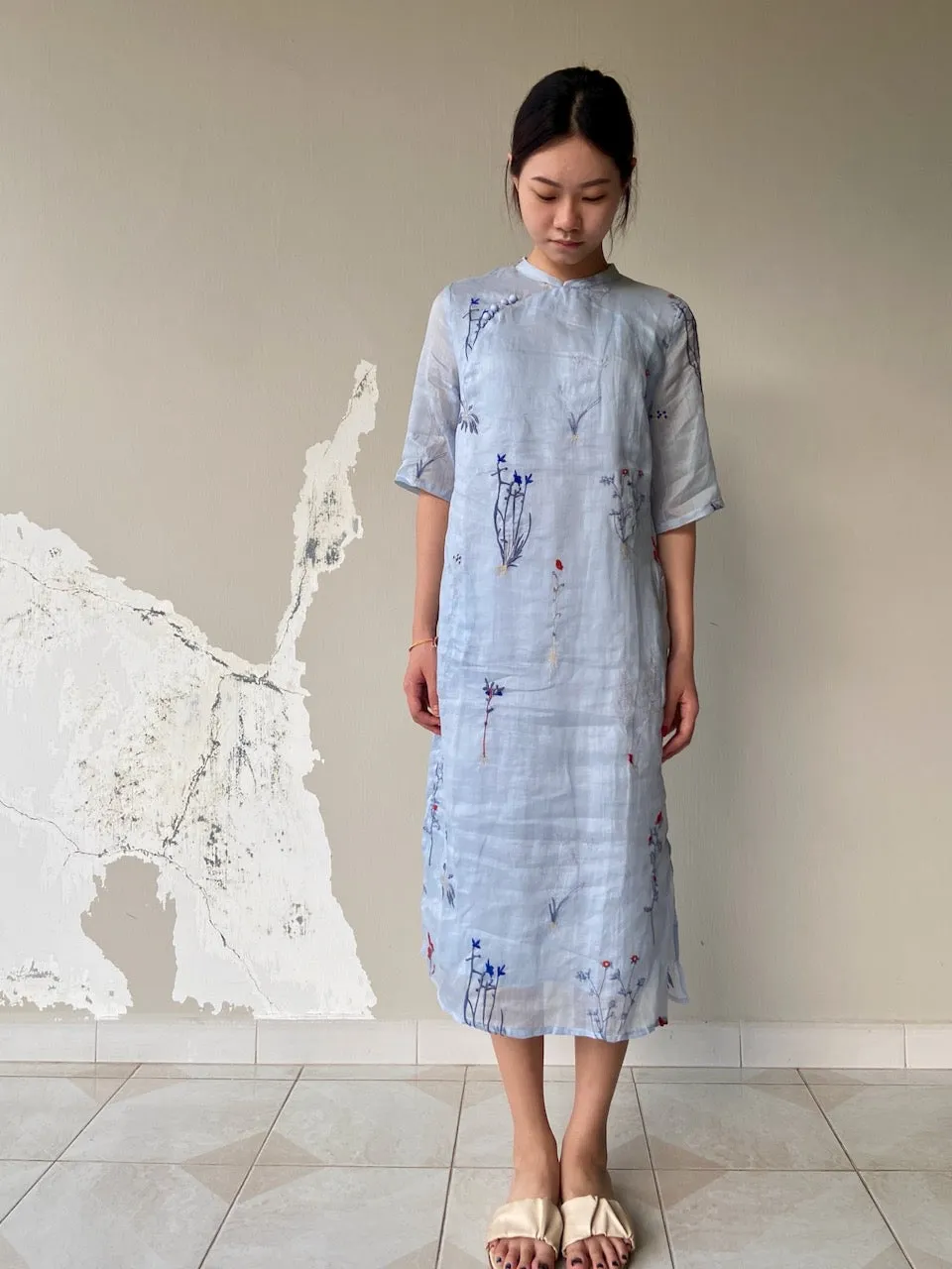 Light Blue Floral Embroidered Cheongsam Qipao Dress