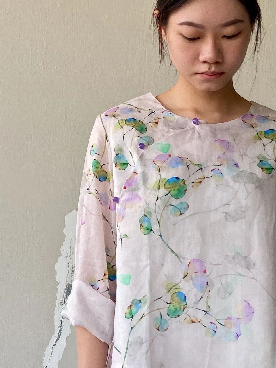 Light Purple Floral Print Cheongsam Qipao Top