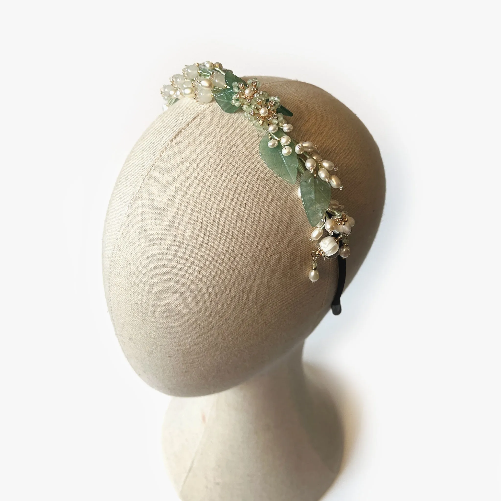 Lily of the Valley Freshwater Pearl and Jade Headband