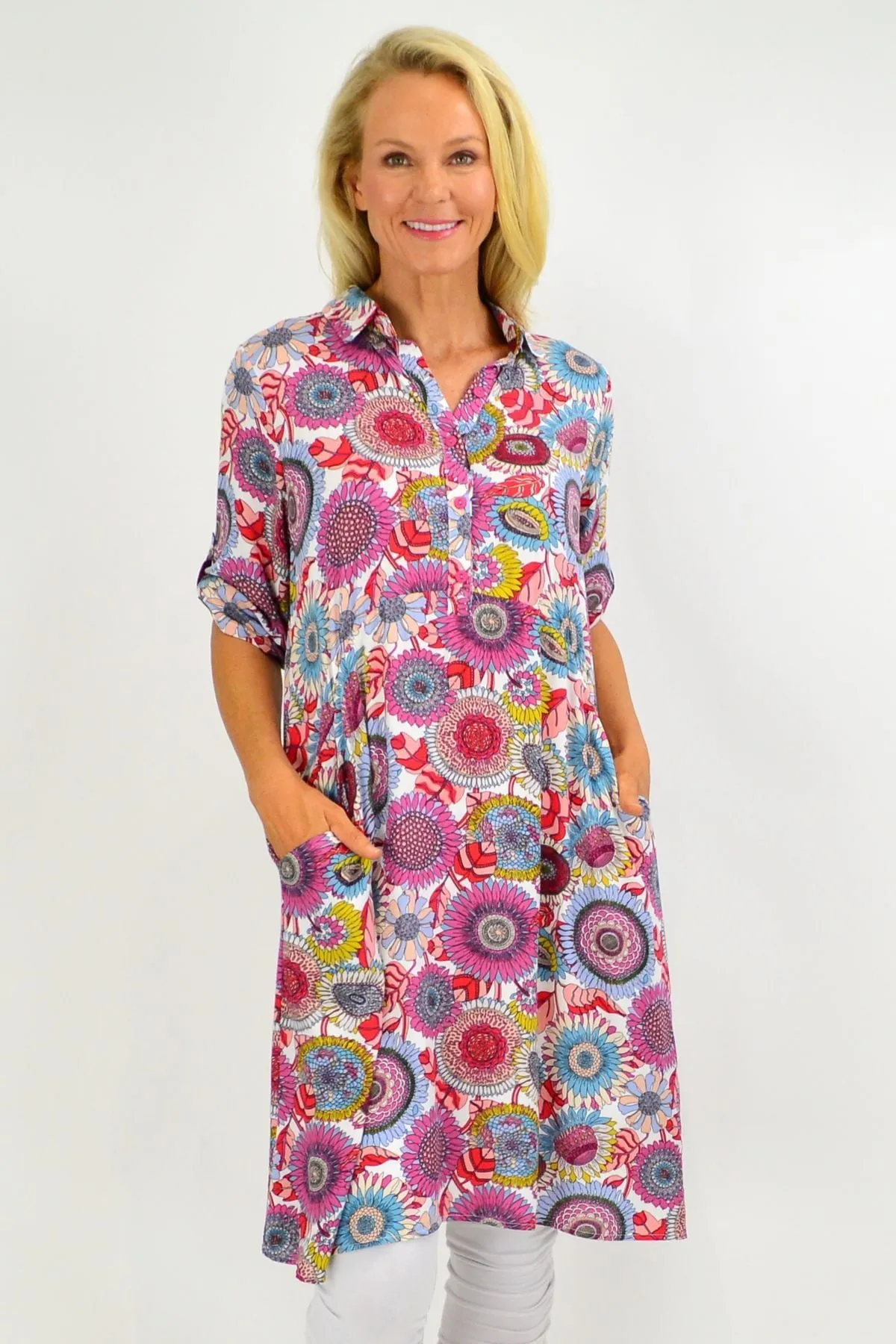 Multicolour Flower Tunic Shirt Dress