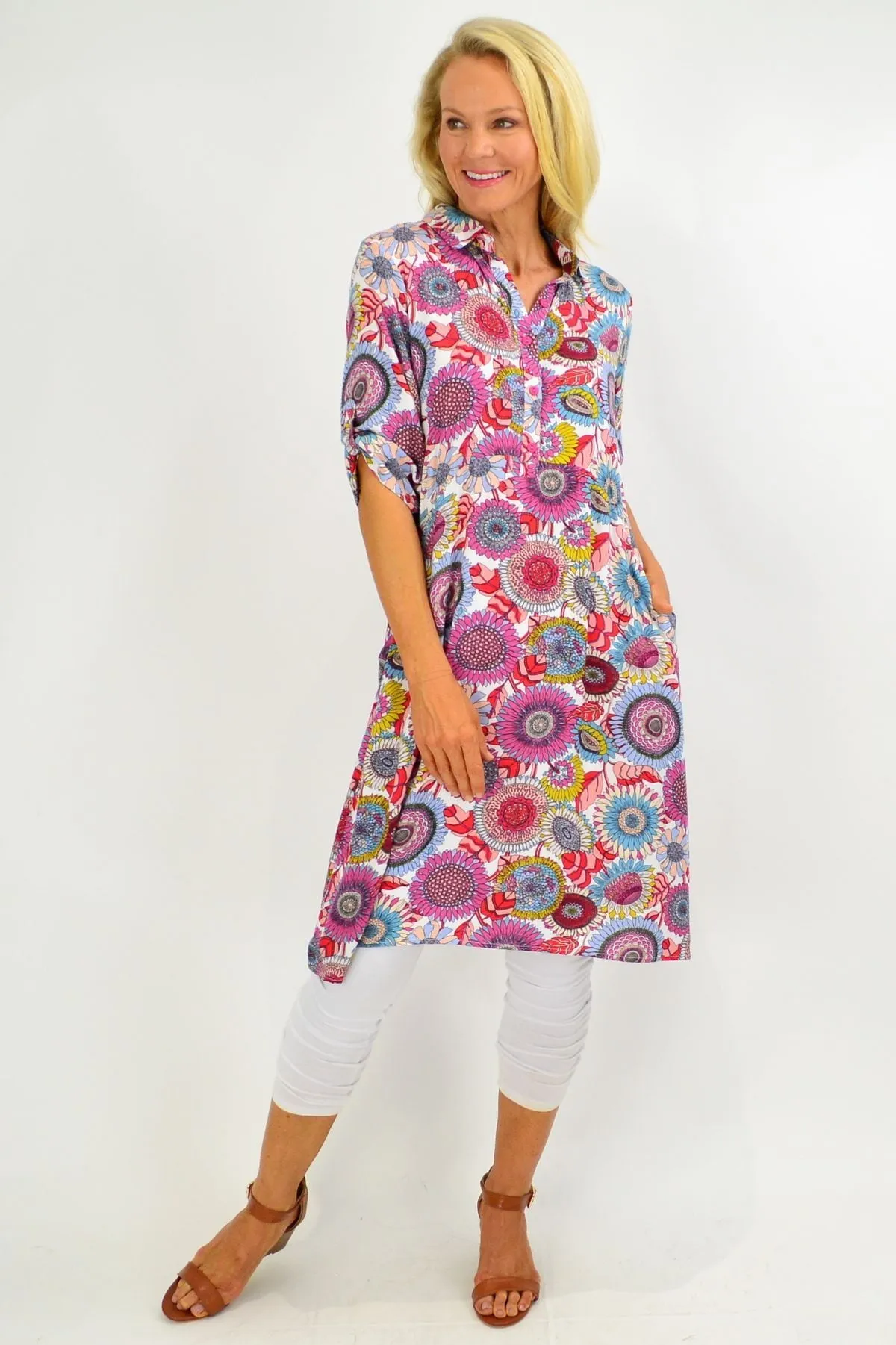 Multicolour Flower Tunic Shirt Dress