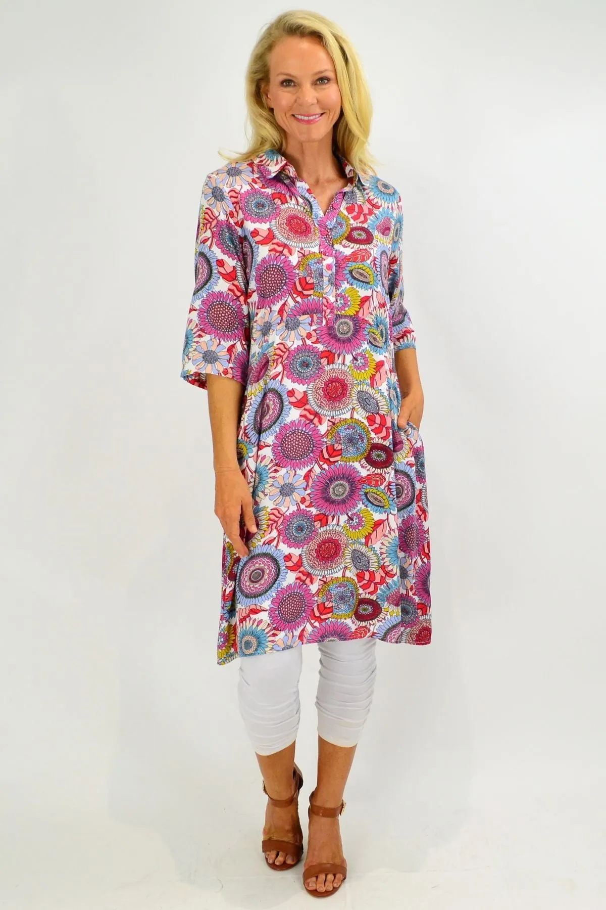 Multicolour Flower Tunic Shirt Dress