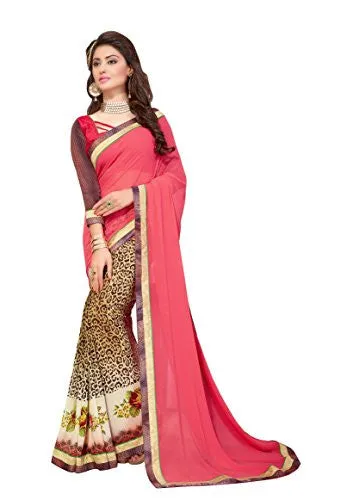 Oomph! Women's Georgette Sarees Party Wear/Fancy Georgette Sarees/Printed Georgette Sarees - Coral &amp; Penny Brown