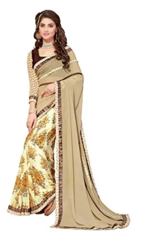 Oomph! Women's Georgette Sarees Party Wear/Fancy Georgette Sarees/Printed Georgette Sarees - Peanut Brown &amp; Banana Yellow