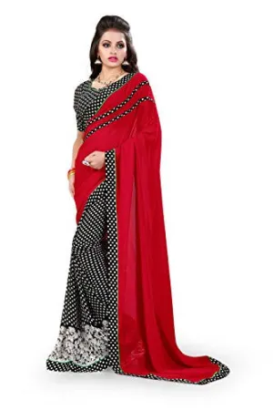 Oomph! Women's Georgette Sarees Party Wear/Fancy Georgette Sarees/Printed Georgette Sarees - Scarlet &amp; Iron Grey