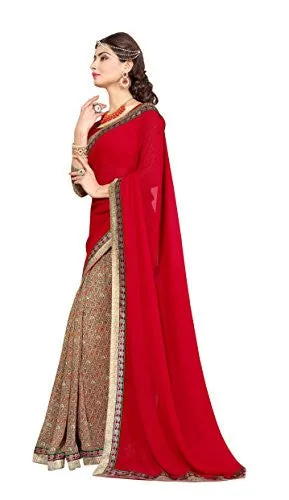 Oomph! Women's Georgette Sarees Party Wear/Fancy Georgette Sarees/Printed Georgette Sarees - Scarlet &amp; Sandstone Orange