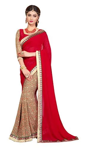 Oomph! Women's Georgette Sarees Party Wear/Fancy Georgette Sarees/Printed Georgette Sarees - Scarlet &amp; Sandstone Orange