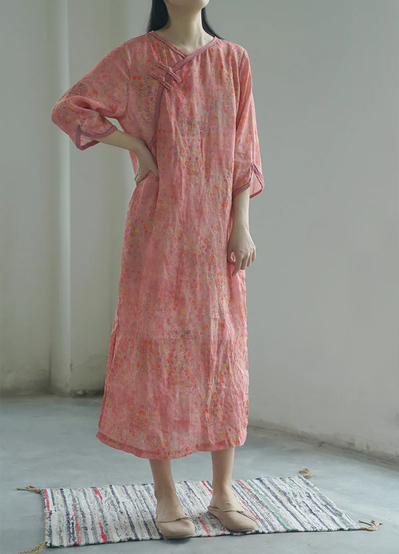 Pink Floral Print Cheongsam Dress 3/4 Sleeve