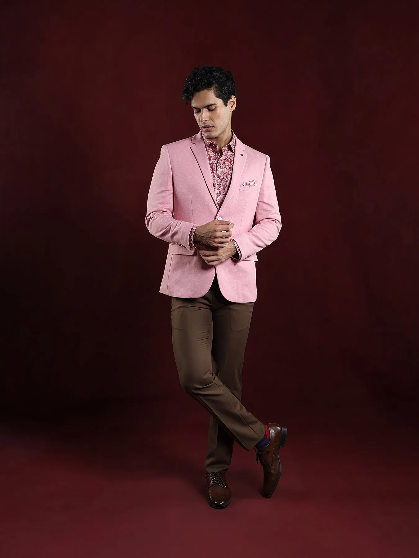 Poly Viscose Pink Plain Slim Fit Full Sleeve Casual Blazer