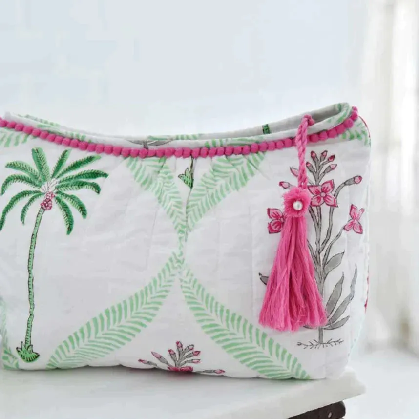 Powell Craft Floral Pink Palms Make Up Bag - 100% Quilted Cotton