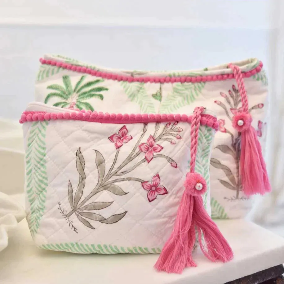 Powell Craft Floral Pink Palms Make Up Bag - 100% Quilted Cotton