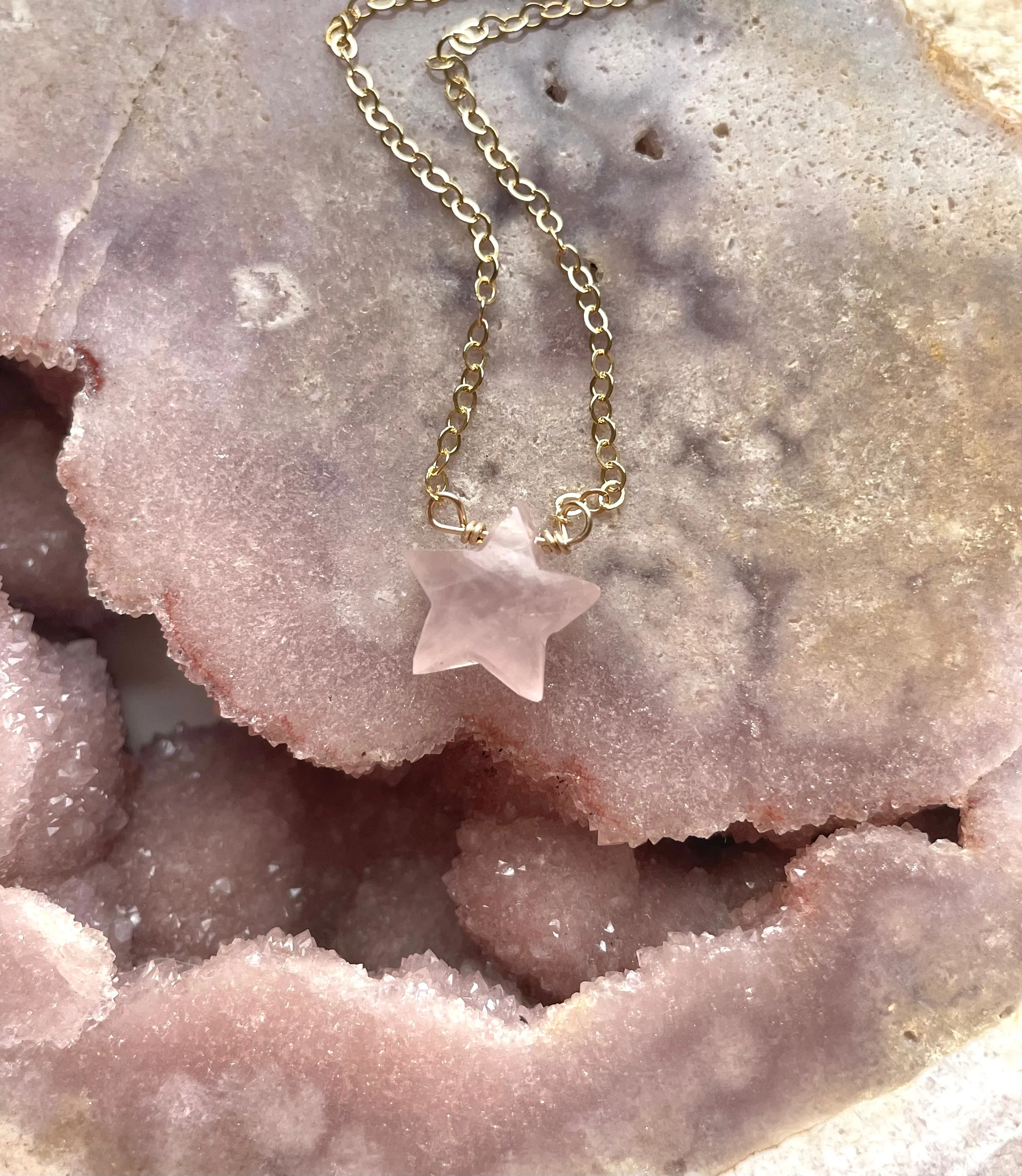 Rose Quartz Star Shaped Crystal Healing Necklace Silver or Gold Filled