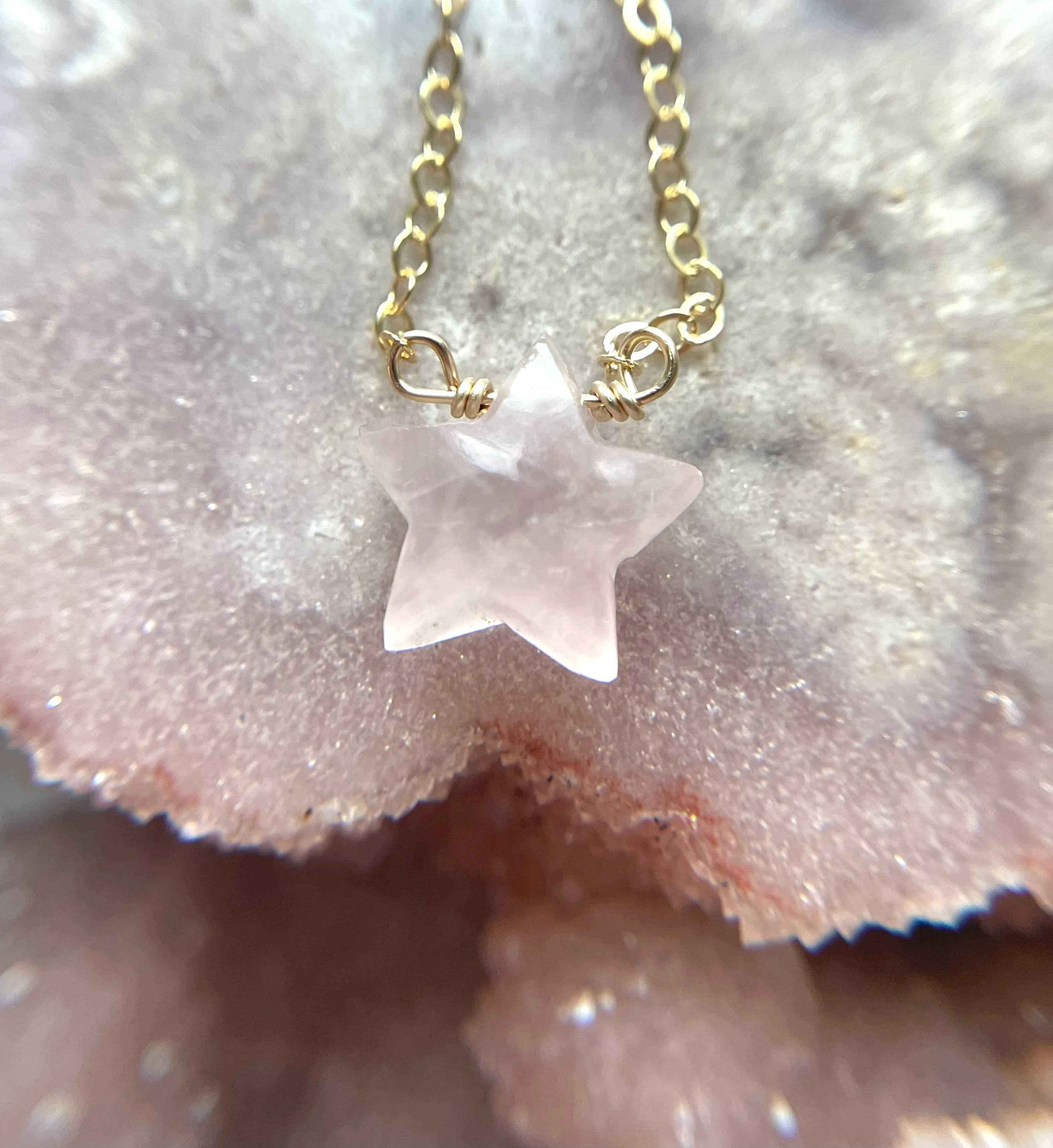 Rose Quartz Star Shaped Crystal Healing Necklace Silver or Gold Filled