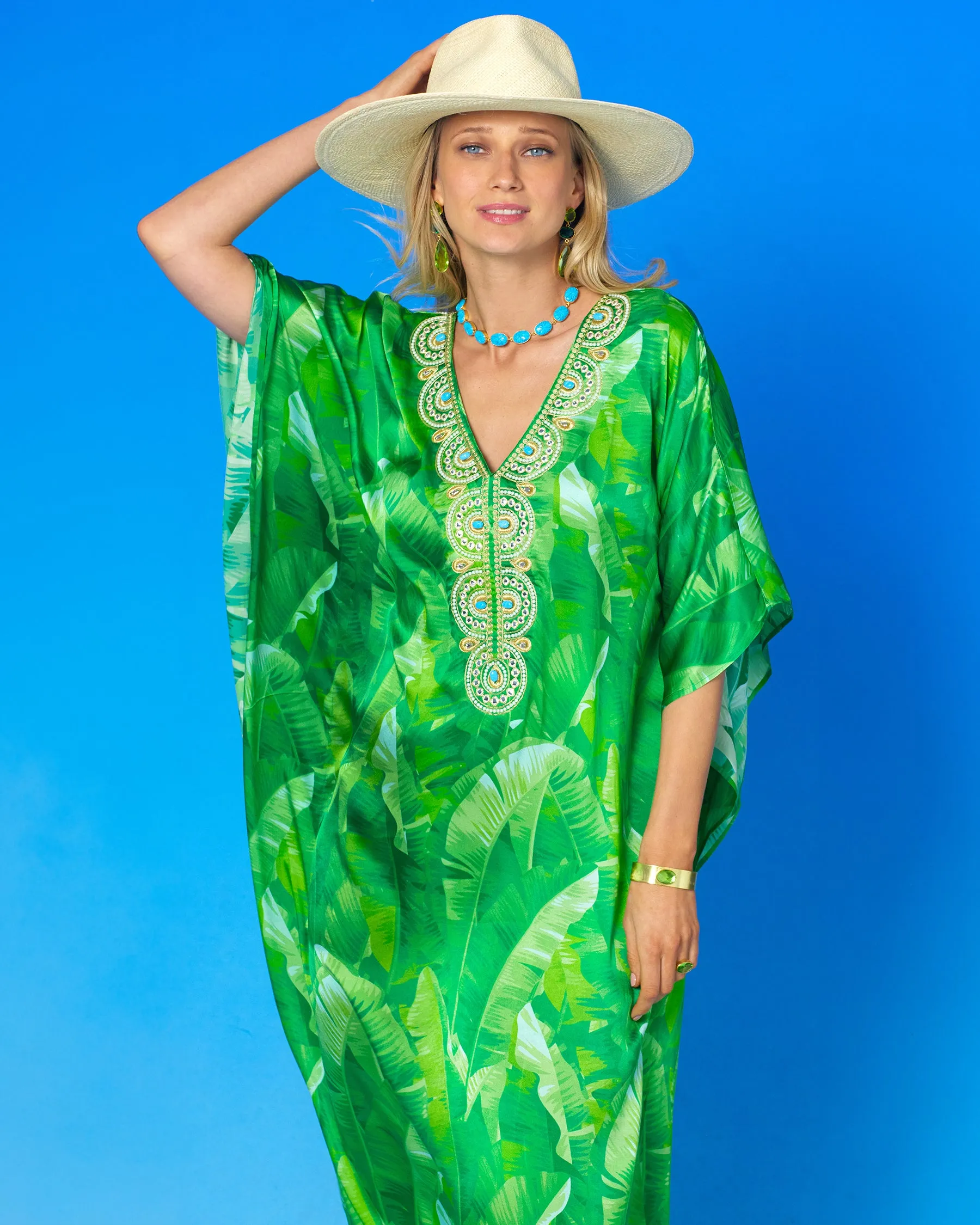 Schuyler Silk Kaftan in Palms and Gold Embellishment