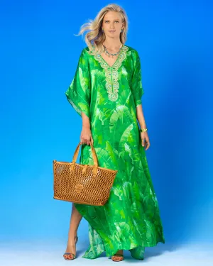 Schuyler Silk Kaftan in Palms and Gold Embellishment