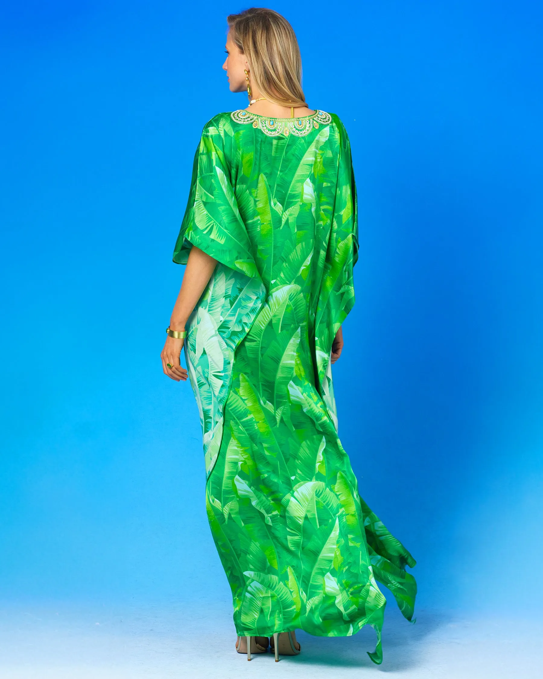 Schuyler Silk Kaftan in Palms and Gold Embellishment