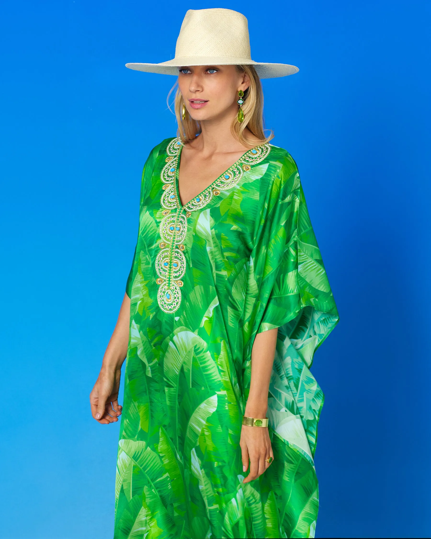 Schuyler Silk Kaftan in Palms and Gold Embellishment